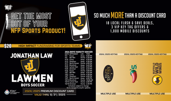 Jonathan Law Lawmen Boys' Soccer Premium Discount Card 2024