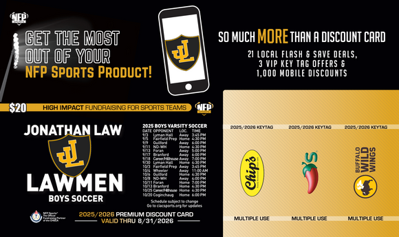 Jonathan Law Lawmen Boys' Soccer Premium Discount Card 2025